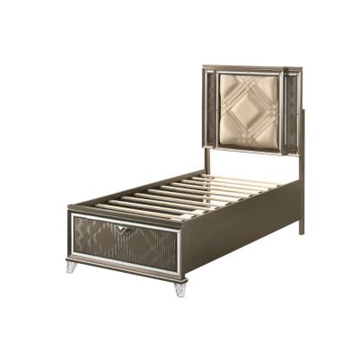 ACME Skylar Twin Bed W/Led & Storage Synthetic Leather & Dark Champagne Finish