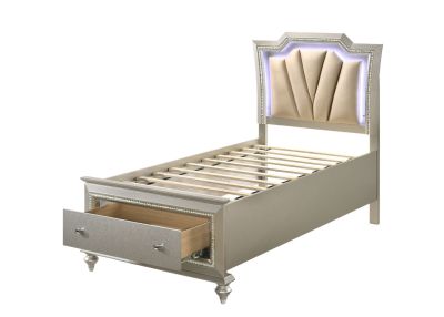 ACME Kaitlyn Twin Bed W/Led & Storage Synthetic Leather & Champagne Finish