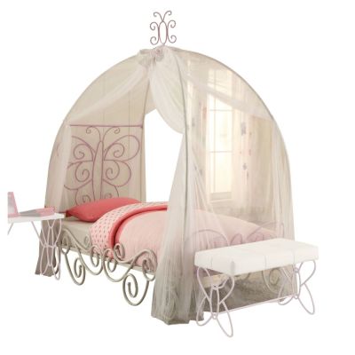 ACME Priya II Twin Bed W/Canopy White & Light Synthetic Leather Rple Finish