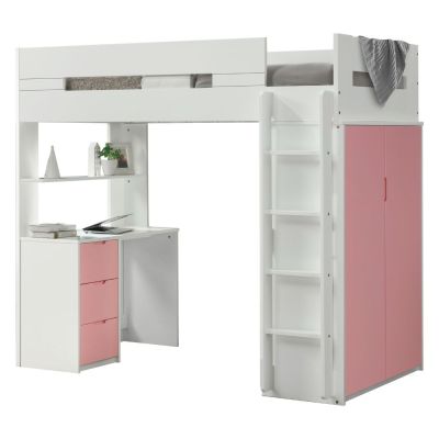 ACME Nerice Twin Loft Bed W/Desk & Wardrobe White & Pink Finish