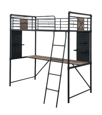 ACME Cordelia Twin Loft Bed W/Desk Antique Oak Sandy Black & Dark Bronze Hand-Brushed Finish