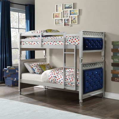 ACME Varian Twin/Twin Bunk Bed Blue Velvet & Silver Finish