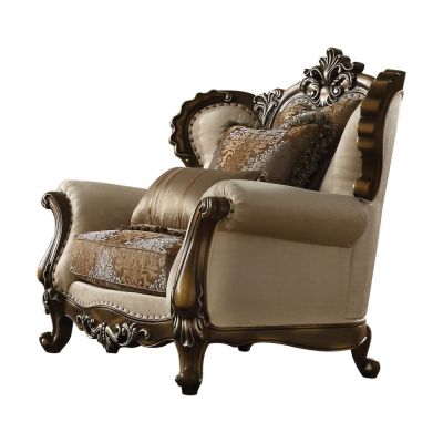 ACME Latisha Chair W/2 Pillows(Same Lv01578) Tan Pattern Fabric & Antique Oak Finish