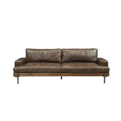 ACME Silchester Sofa Distress Chocolate Top Grain Leather & Oak Finish