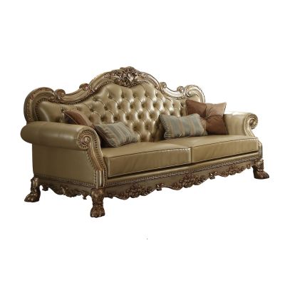 ACME Dresden Sofa W/4 Pillows Bone Synthetic Leather & Gold Patina Finish