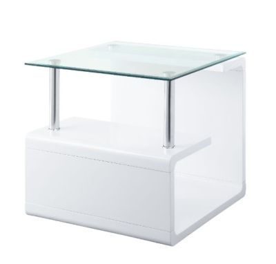 ACME Nevaeh End Table Clear Glass Top & White High Gloss Finish