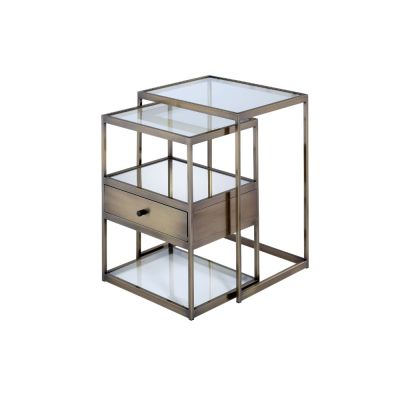 ACME Enca Nesting Table Set Clear Glass & Antique Brass Finish