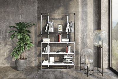 Modrest Fauna - Modern White High Gloss & Stainless Steel Bookshelf