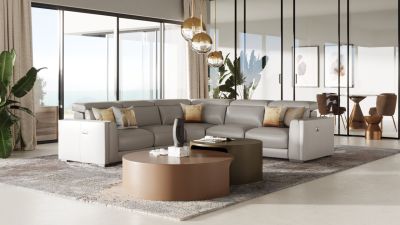 Modrest Frazier - Modern Light Grey Leather Sectional Sofa with 3 Recliners