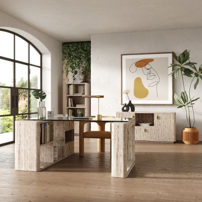 Nova Domus Roma - Modern Glass + Faux Travertine Reversible Desk